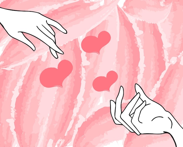 Vektor abbildung zwei hände von liebhaberherzen auf einem rosa hintergrund