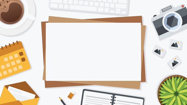 Vektor abdeckung und banner des schreibtisches mit gadget. draufsicht auf den arbeitstisch und freier platz für text