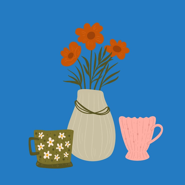 Vektor abend romantisches date in einem niedlichen stil kaffeepause küchenplakat mit tassen und vase