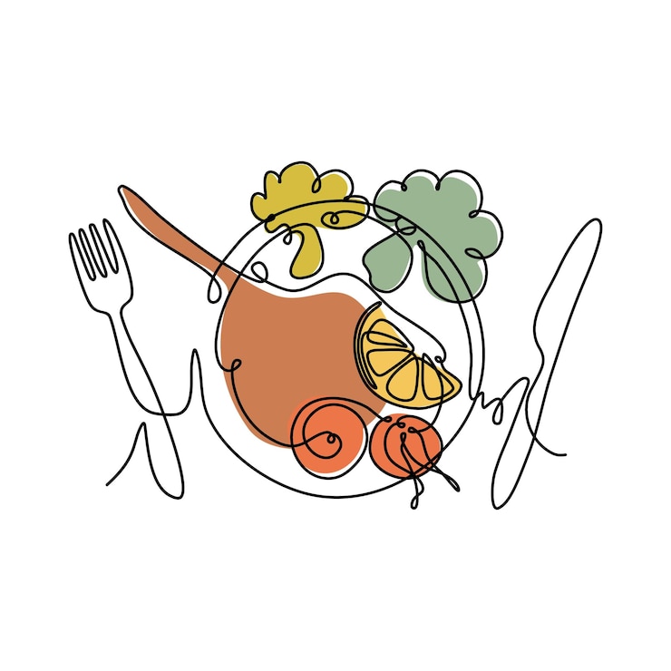 Vektor abendessen im line-art-stil. vereinfachtes bild eines italienischen gerichts. zubereitetes rindfleisch, tomate, zitrone