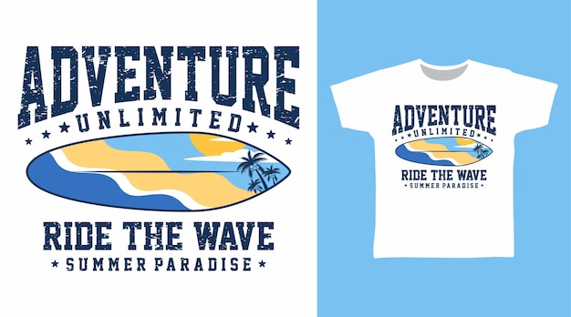 Abenteuer mit surfbrett-strand-cartoon-t-shirt-konzeptentwürfen