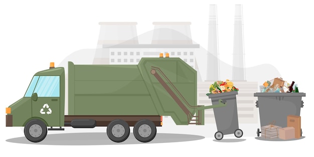 Abfallsammel- und transportfahrzeug müllabfuhr müllcontainer kisten und säcke abfallrecycling- und entsorgungsanlage illustration in flacher stilillustration