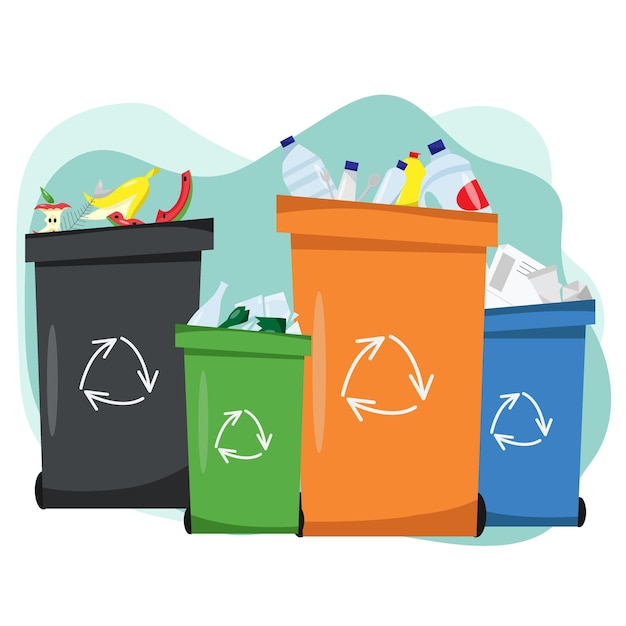 Abfallsortierung Sortierung von Abfällen für das Recycling Müllsortierung Recyclingbehälter Verschiedene Arten von Müll Papier Kunststoff Glas OrganicModern Flat Vector Illustration