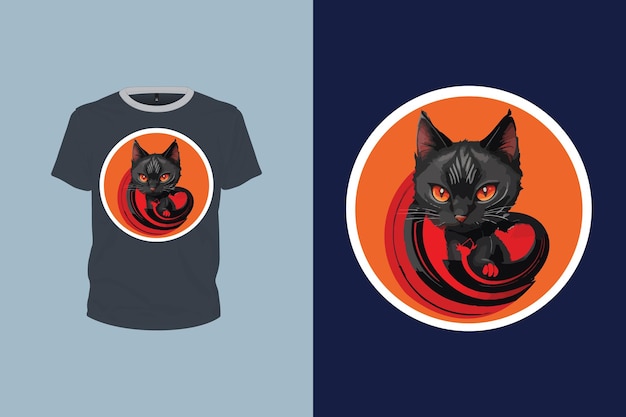 Abgerundete schwarz-rote wütende katze illustration für t-shirt-design bearbeitbare vektordatei