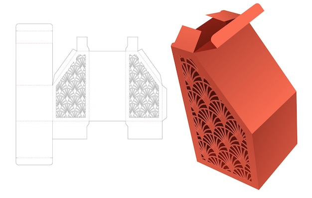 Abgeschrägte schachtel mit japanischer musterfenster-stanzschablone und 3d-modell