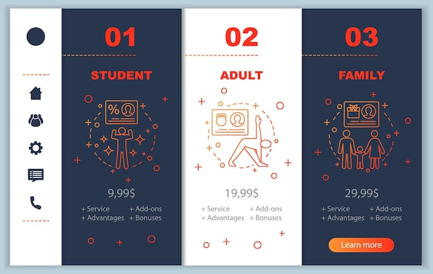 Abonnementpreise für fitness-center beim onboarding mobiler app-bildschirmvorlagen tarifpläne für studentenfamilien für erwachsene walkthrough-website-schnittstelle kosten für die mitgliedschaft im fitnessstudio website-layout für smartphone-zahlung