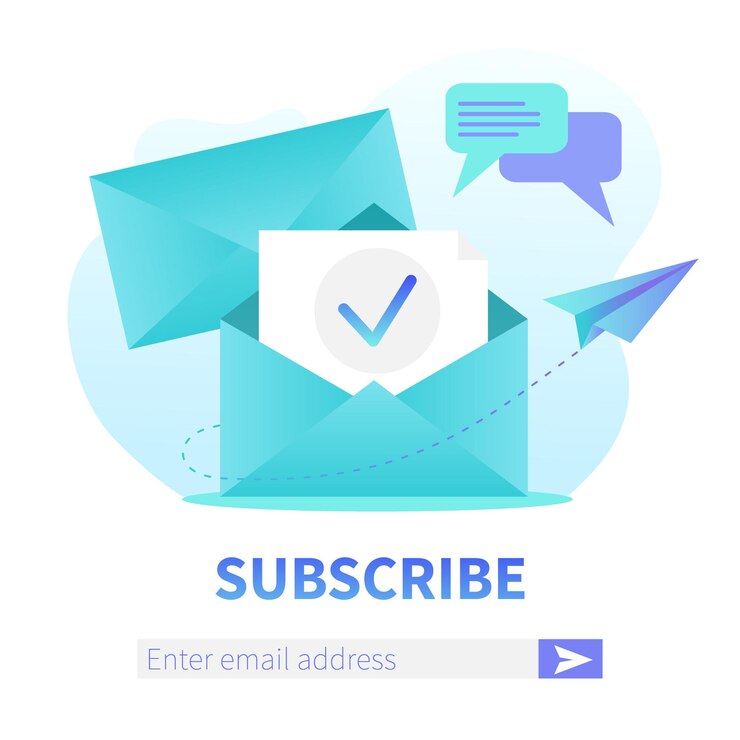 Abonnieren Sie unsere Newsletter Square Web Banner Vorlage. Geöffneter Umschlag mit neuem Brief. E-Mail-Marketing, Registrierungsbanner für die Zustellung von Korrespondenzdiensten.