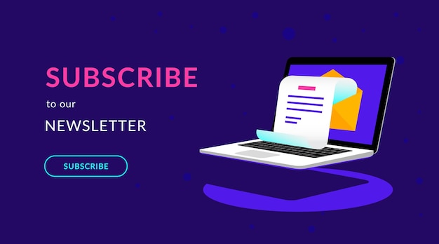 Abonnieren sie unseren newsletter flache vektor-neon-illustration für ui ux-webdesign mit text und schaltfläche