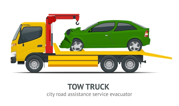 Abschleppwagen city pannendienst evakuierer. abschleppwagen liefert das beschädigte fahrzeug. vektorillustration lokalisiert auf weißem hintergrund. seitenansicht