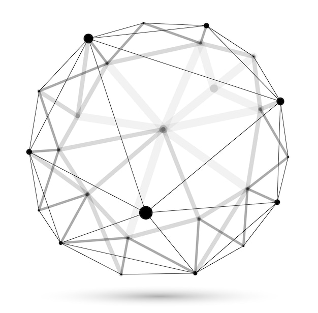 Abstract 3D-Mesh-Sphäre-Vektor-Illustration Punkte, die mit Linien verbunden sind Technologie Polygonal-Objekt isoliert auf weißem Hintergrund Dynamisches Gitter mit realistischem Feldtiefe-Effekt