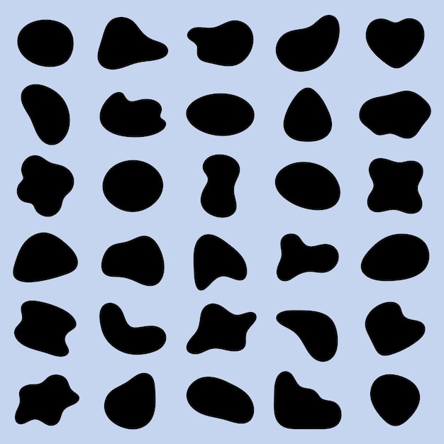 Abstract black shapes on a light blue background Random shapes create a pattern Shapes vary in size and form Abstract design with unique shapes Black shape vector set