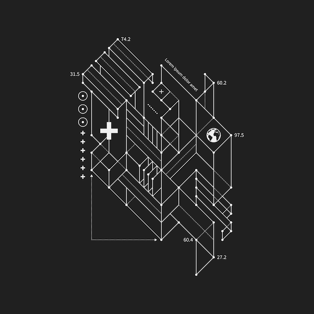 Abstract Design-Element in Draft-Stil auf schwarzem Hintergrund. Nützlich für Techno-Drucke und Plakate.