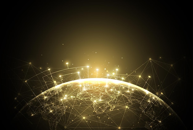 Abstract globale Netzwerkverbindung auf goldem Hintergrund Weltkartenpunkt- und Linienkompositionskonzept