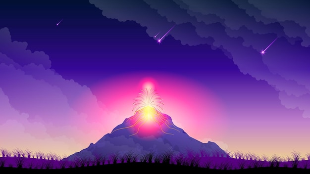Abstract Hintergrund Himmel Vulkan Lava Feuer Flamme Eruption Natur Wolken Pflanzen Gras Vektordesign