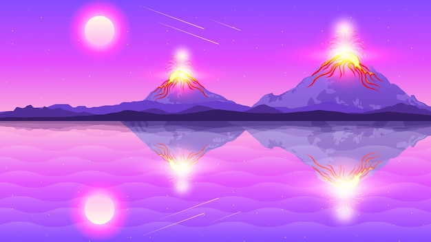 Abstract Hintergrund Himmel Vulkan Lava Feuer Flamme Eruption Natur Wolken Pflanzen Gras Vektordesign