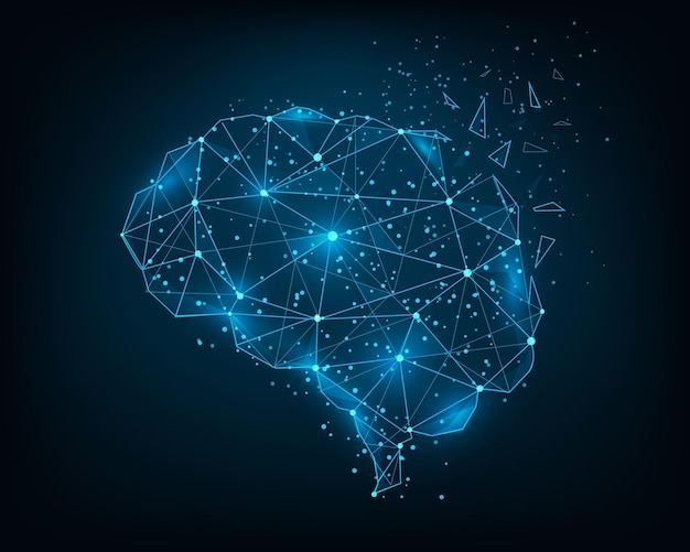 Abstract low poly brain wireframe mesh auf blauem Hintergrund Bildung und Wissen Geschäft und Idee