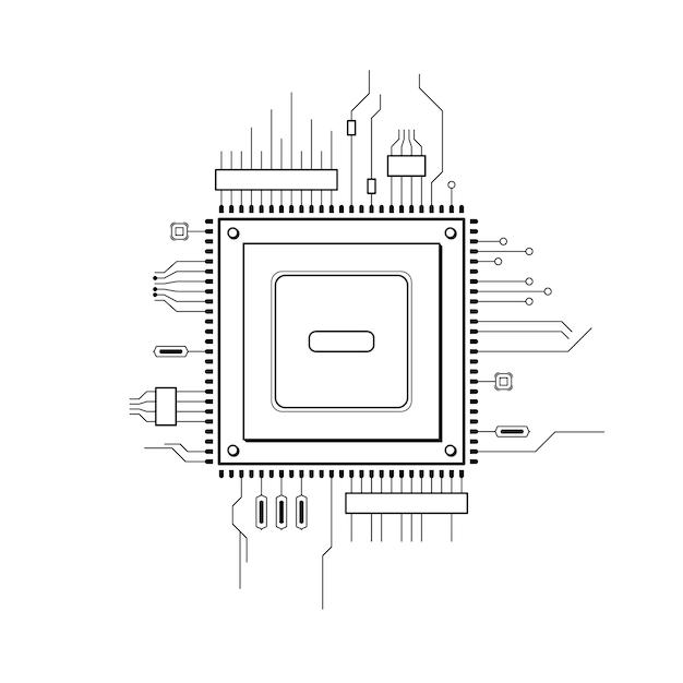 Abstract Schwarze einfache Linie Cpu Computertechnologie Doodle Umrisse Element Vektor Design-Stil