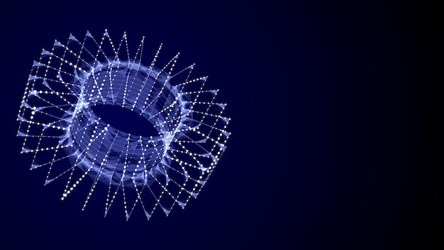 Abstract torus with blue dots and lines 3D futuristic vector geometric wireframe shape Technology network connection big data Science background Twist objects in dark cyberspace