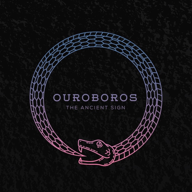 Abstract vector ouroboros snake symbol zeichen oder eine logo-vorlage in linienart auf schwarzem hintergrund mit retro-textur