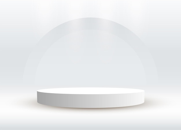 Abstrakt glänzendes silbernes zylindersockelpodium ein weißes leeres bühnenkonzept mit halbkreis
