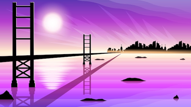 Abstrakt, himmel, hintergrund, vektor, silhouette, mit, brücke, autos, sternen, stadt, stadt, landschaft, vektor, design