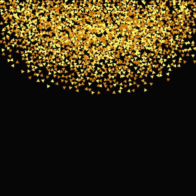 Abstrakt iridescente geburtstagskarte gold konfetti auf schwarzem hintergrund isolierte goldstaubpartikel vektor rundes bokeh zufälliges brauthintergrund folie grenze geometrische jubiläumshintergrund