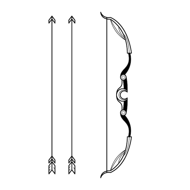 Vektor abstrakt, schwarz, einfache linie, bogen, mit, pfeile, waffe, gekritzel, umriss, element, vektor, design, stil, skizze