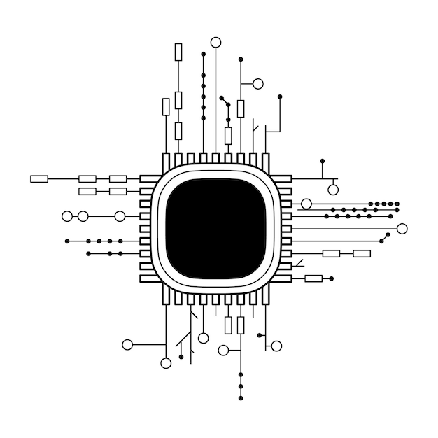 Abstrakt, Schwarz, Einfache Linie, Cpu, Computer, Technologie, Gekritzel, Umriss, Element, Vektor, Design, Style
