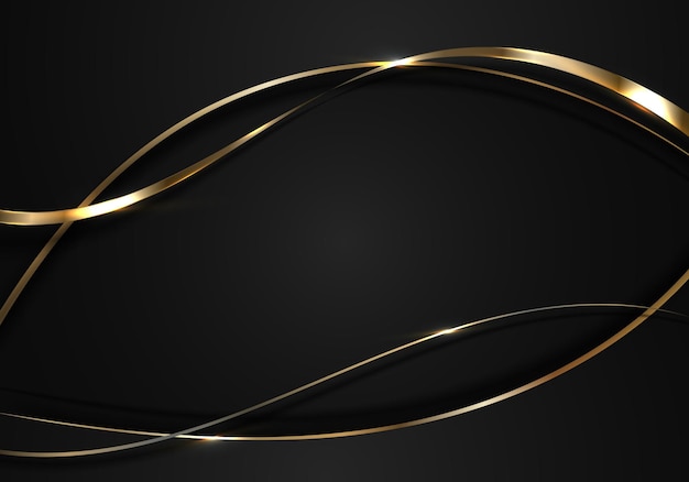 Abstrakte 3d-elegante goldene und schwarze geschwungene wellenlinien mit glänzendem, funkelndem licht auf dunklem hintergrund im luxusstil