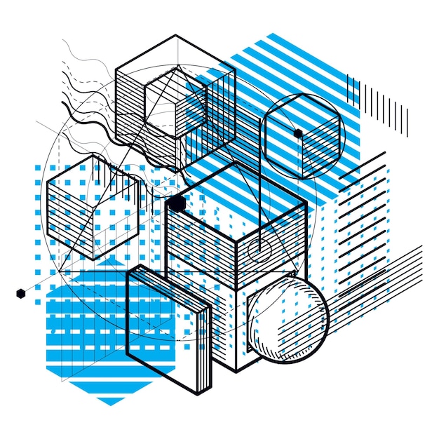 Abstrakte 3D-Formzusammensetzung, vektorisometrischer Hintergrund. Zusammensetzung aus Würfeln, Sechsecken, Quadraten, Rechtecken und verschiedenen abstrakten Elementen.