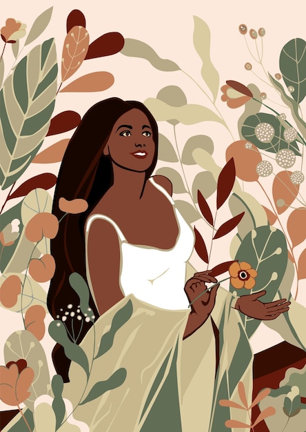 Abstrakte afroamerikanische Mädchen natürliche Schönheit mit Blättern und Blumen Handzeichnung Frau lächelnd auf Blumenhintergrund für Karte Muttertag Symbol der kosmetischen floralen Salon Vektor-Illustration