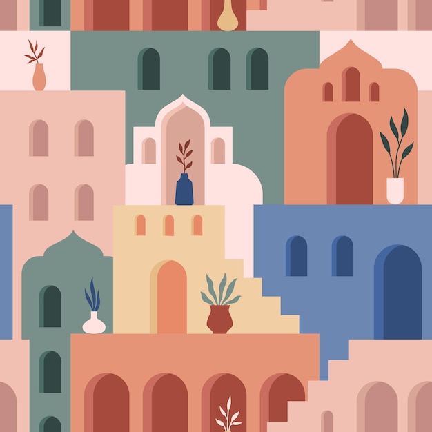 Abstrakte architektur minimalistisches geometrisches gebäude formt nahtloses muster marokkanische orientalische straßen böhmische ästhetik vektorkonzept dekor textilverpackung papierdruck oder stoff