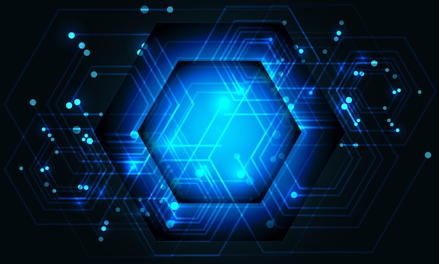 Abstrakte blaue Sechseck-Leitungs-Leistungsdaten verbinden Technologie futuristisch auf dunklem Designhintergrund.