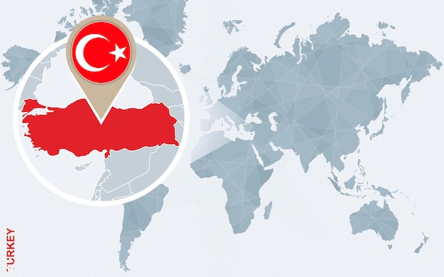 Abstrakte blaue weltkarte mit vergrößerter türkei türkei-flagge und karte vektor-illustration