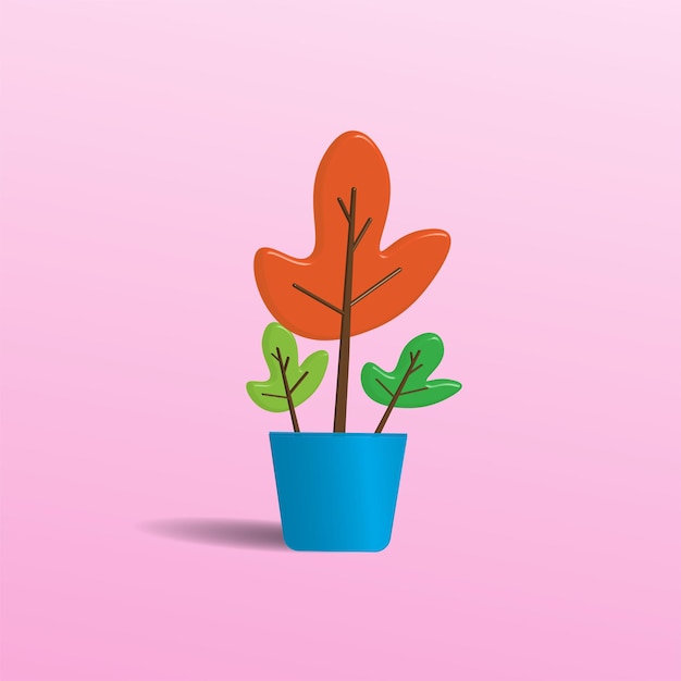 Abstrakte blume in einem blauen topf auf pastellrosa farbhintergrund isoliert. grüne und orange blätter der niedlichen karikatur. kreative 3d-vektorillustration