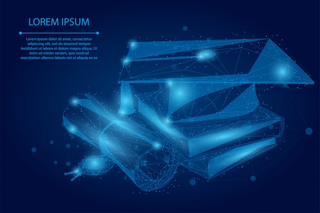 Abstrakte Breilinie und Punktstaffelungskappe, -bücher und -diplom. Polygonales E-Learning Fernstudium