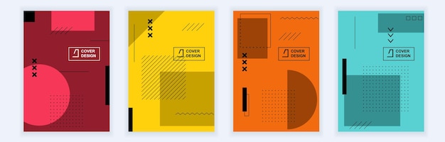Abstrakte Broschürenumschläge in modernem, minimalistischem geometrischem Design Hintergrundvorlagen im Memphis-Stil mit verschiedenen Formen und Elementen im A4-Format für Werbung und Verkaufsförderung Vektorillustration