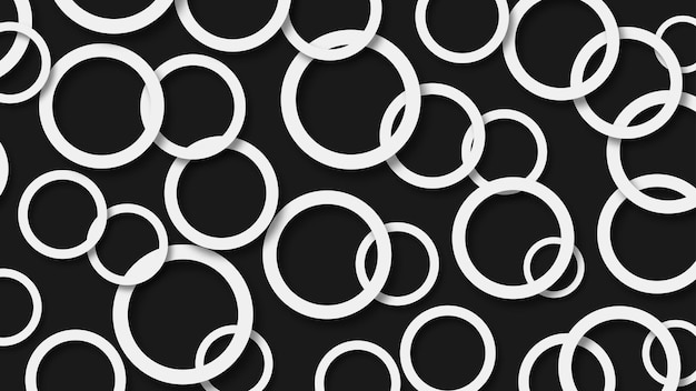 Abstrakte darstellung von zufällig angeordneten weißen ringen mit weichen schatten auf schwarzem hintergrund