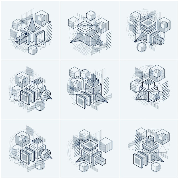 Abstrakte designs mit linearen 3d-maschenformen und figuren, vektorisometrische hintergründe. würfel, sechsecke, quadrate, rechtecke und verschiedene abstrakte elemente. vektor-sammlung.