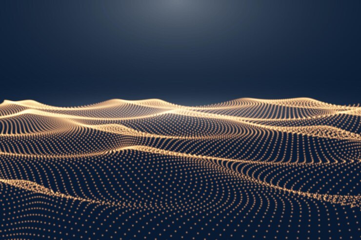 Abstrakte digitale Landschaft mit fließenden Partikeln und oberem Licht. Cyber- oder Technologiehintergrund.