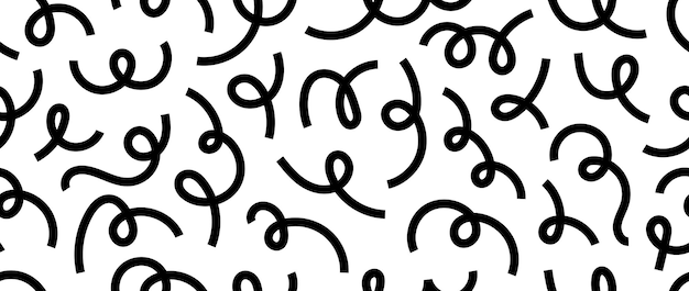 Abstrakte Doodle-Linien, nahtloses Muster. Schwarz-weißer Serpentinen-Streamer, der den Hintergrund wiederholt. Niedlich