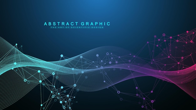 Abstrakte dynamische bewegungslinien und punkthintergrund mit bunten partikeln. digitaler streaming-hintergrund, wellenfluss. plexus-stream-hintergrund. big data-technologie, vektorillustration