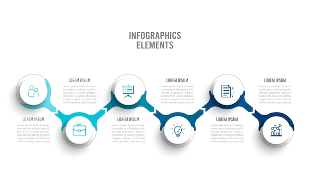 Abstrakte Elemente der Diagramm-Infografik-Vorlage mit Etikett, integrierten Kreisen. Geschäftskonzept mit 6 Optionen. Für Inhalt, Diagramm, Flussdiagramm, Schritte, Teile, Zeitleisten-Infografiken, Workflow-Layout.