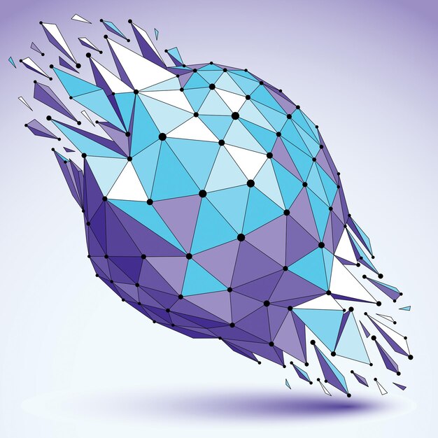 Abstrakte facettierte blaue 3D-Figur mit verbundenen schwarzen Linien und Punkten. Vektor-Low-Poly-Shattered-Design-Element mit Fragmenten und Partikeln. Explosionseffekt.