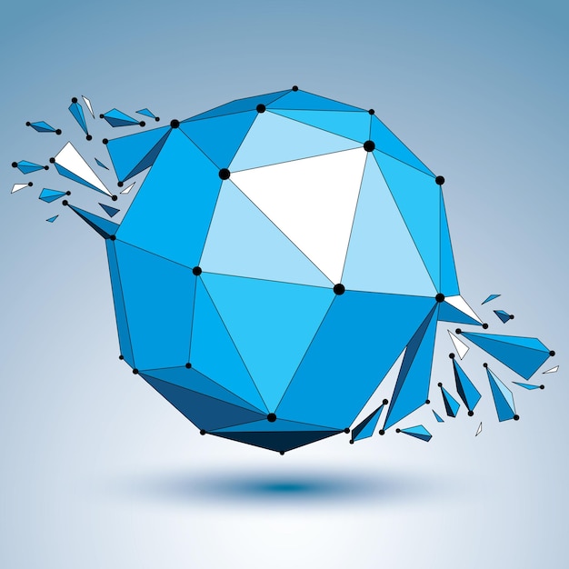 Abstrakte facettierte blaue 3D-Figur mit verbundenen schwarzen Linien und Punkten. Vektor-Low-Poly-Shattered-Design-Element mit Fragmenten und Partikeln. Explosionseffekt.