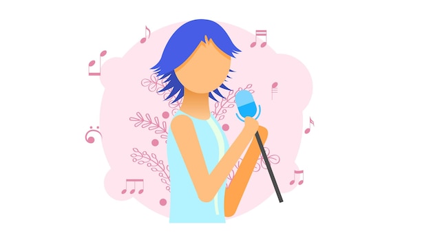 Abstrakte flache Frau, die mit Mikrofon-Cartoon-Menschen-Charakter-Konzept-Illustrations-Vektor singt
