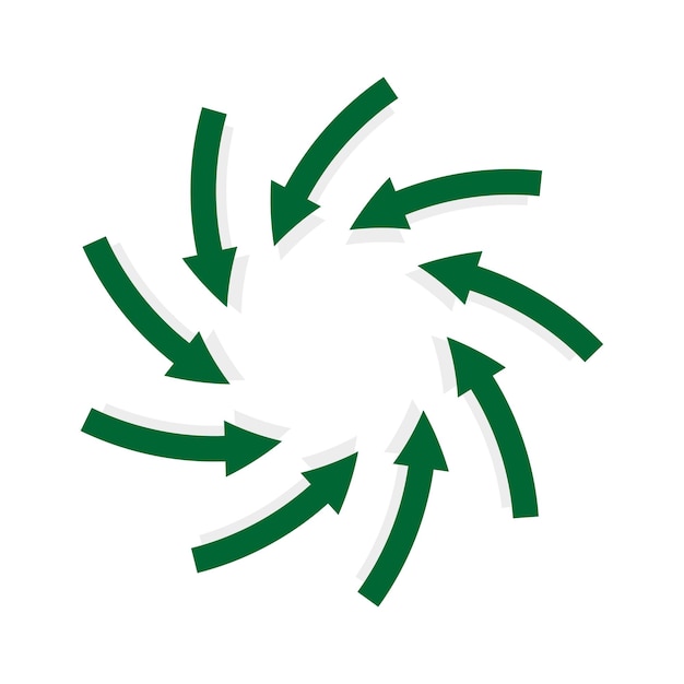 Vektor abstrakte form mit grünen pfeilen. rotierende grüne pfeile zeigen innerhalb der vektorillustration nach innen