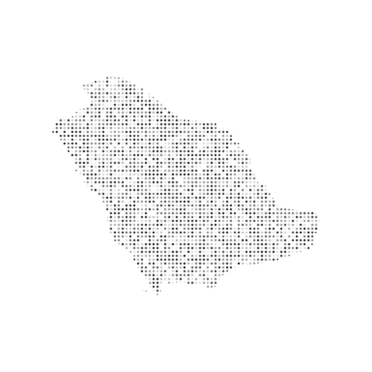 Vektor abstrakte gepunktete schwarz-weiß-halbtoneffekt-vektorkarte von saudi-arabien landkarte digitale gepunktete design-vektorillustration