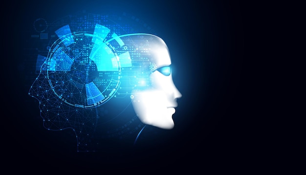 Abstrakte Gesichtstechnologie AI Künstliche Intelligenz In zwei futuristischen, modernen Designs Mesh-Tool und digitale Linien Auf einem modernen blauen Hintergrund