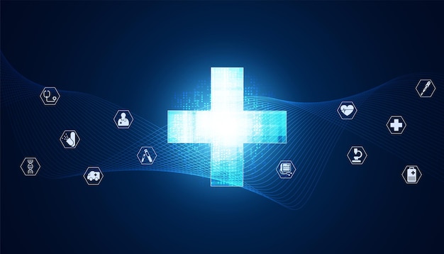 Abstrakte gesundheit plus symbol mit symbolen hintergrundkonzept gesundheitssymbole auf blauem hintergrund moderne futuristische medizinische behandlung krankheit